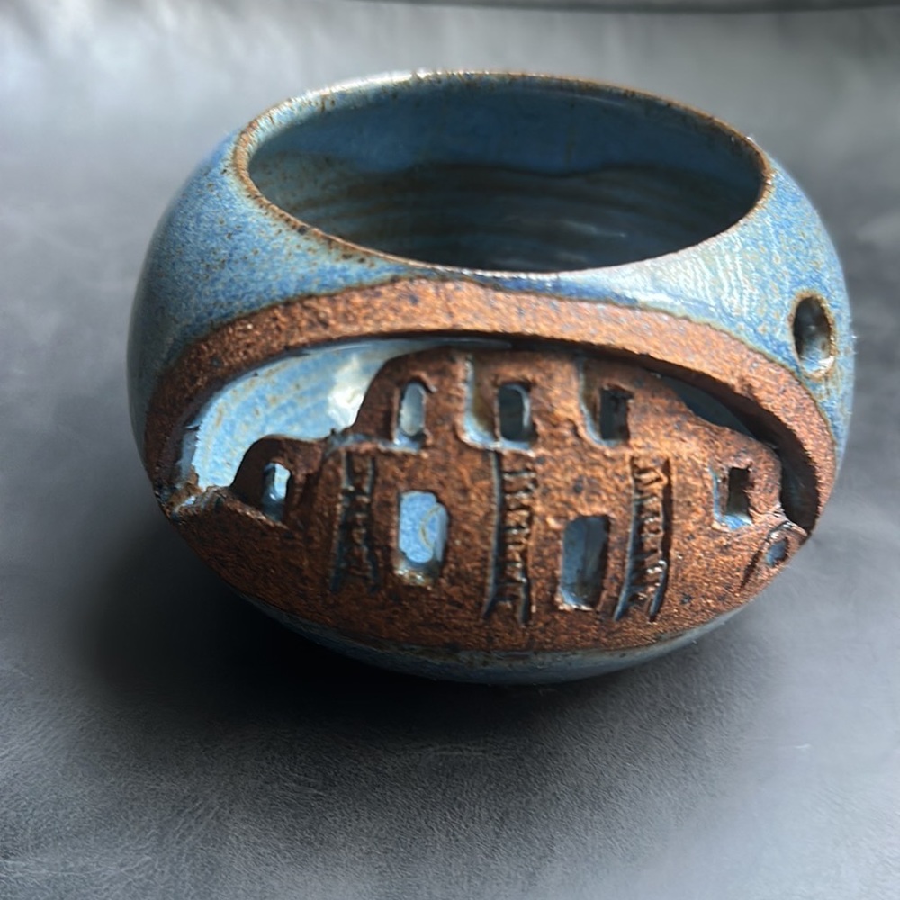 Vintage CutOut Pottery signed,blue glaze inside,outside, structure cut out
